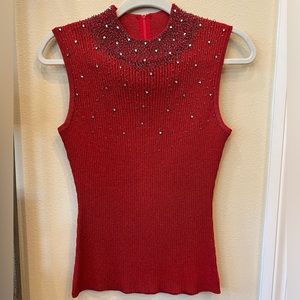 Red Beaded Rib Knit Sleeveless Sweater